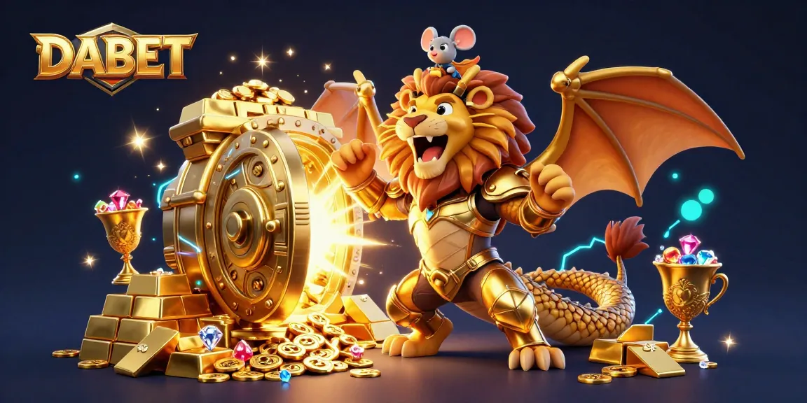 DABET showcases epic casino adventures with a roaring chimera and treasure-filled excitement for gamblers.