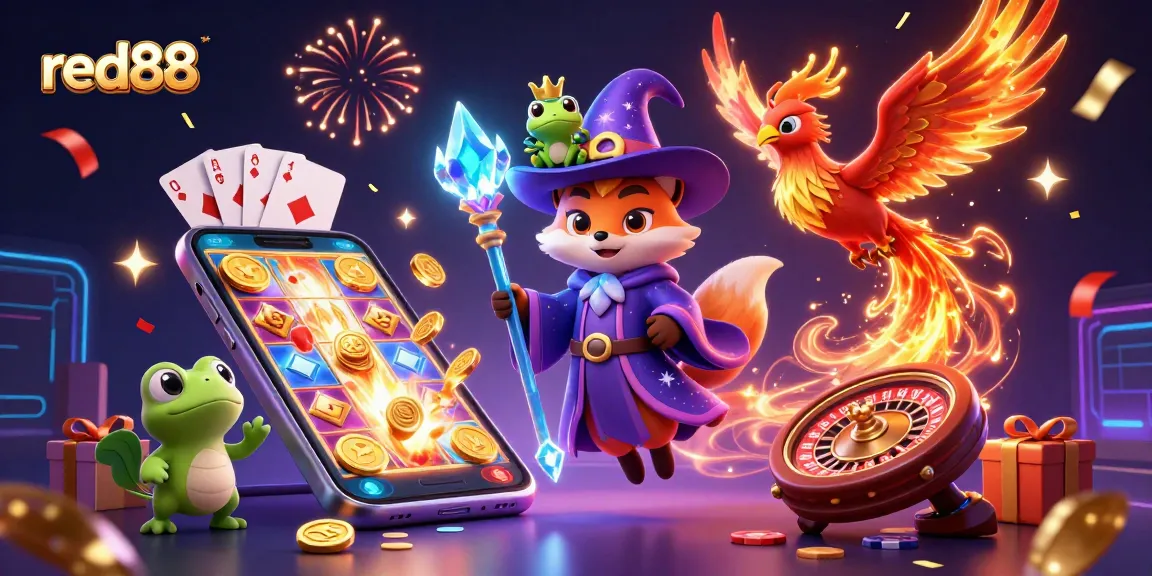 Experience thrilling gaming at red88 with a mystical wizard, phoenix, and exciting casino elements.