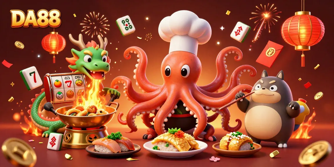 Engage with DA88's exciting slot games featuring golden dishes and whimsical characters in a vibrant 3D illustration.