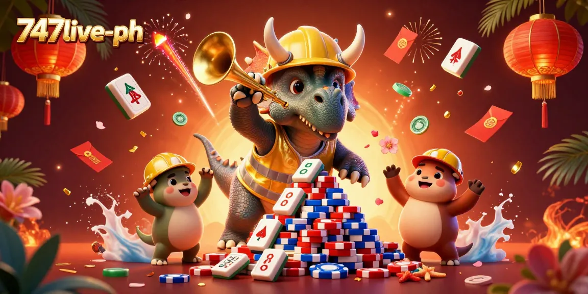 Experience excitement with 747live-ph as triceratops builds poker chips amidst vibrant casino elements.