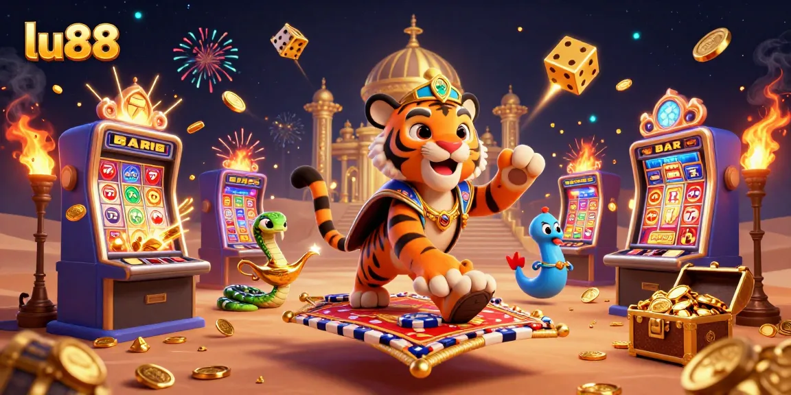 Experience thrilling games at lu88 with a vibrant illustration of a tiger sultan, jackpot slots, and golden treasures.