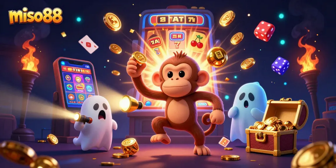 Miso88 showcases a playful poltergeist monkey juggling casino elements in a vibrant scene.