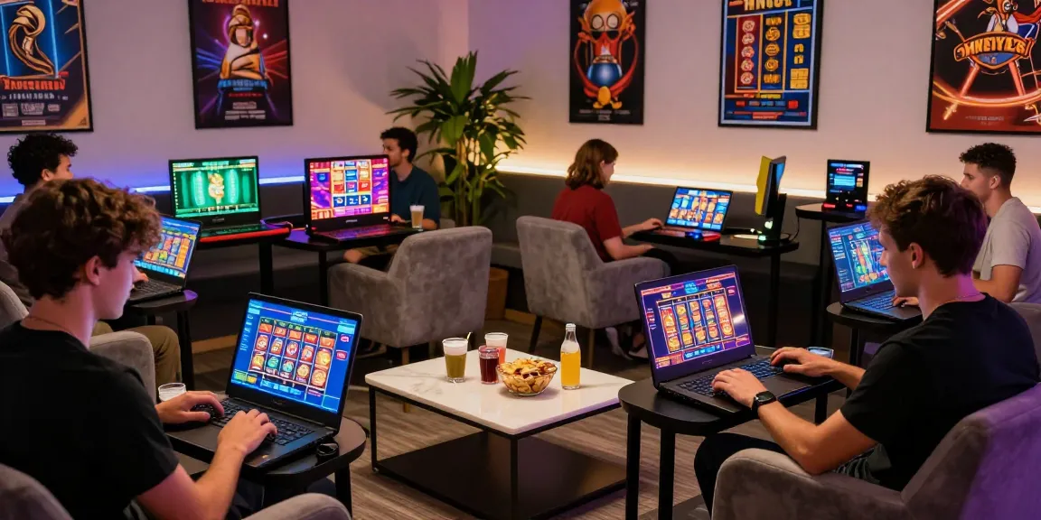 Engaged players exploring online casinos Australia with vibrant screens and snacks in a cozy lounge.