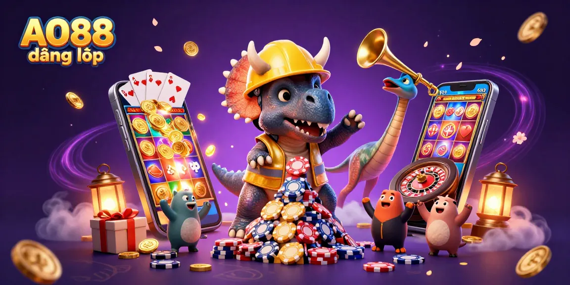 Engage with AO88 đăng nhập as triceratops builds poker chip pyramid amidst vibrant casino elements.