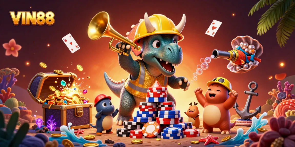 Experience exciting gameplay at VIN88 with a festive scene featuring vivid casino characters and elements.