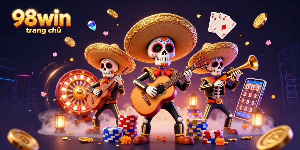 Engage with 98win trang chủ through a vibrant casino scene featuring a lively mariachi band.