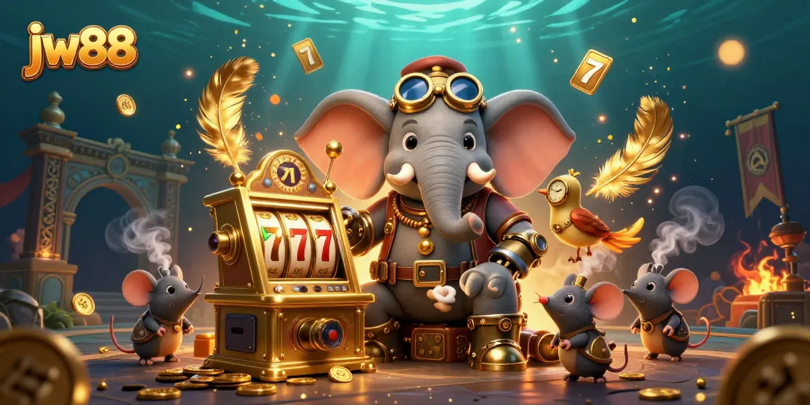 Experience thrilling gameplay at jw88 with a steampunk elephant winning big on a golden slot machine.