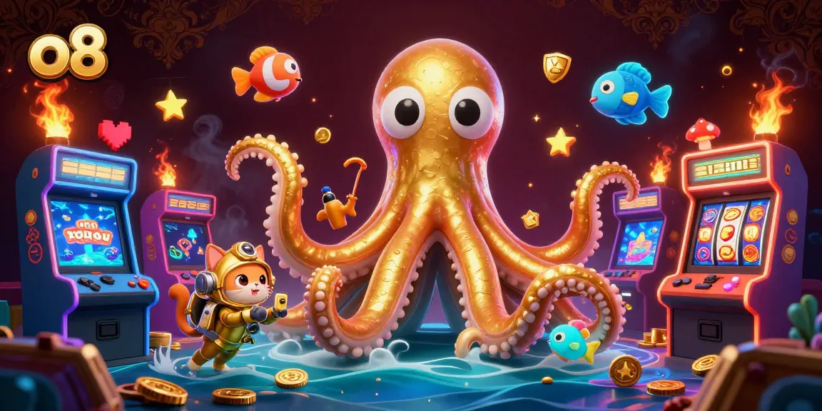 Engage with thrilling o8 gaming dynamics featuring a colossal kraken and diving cat.