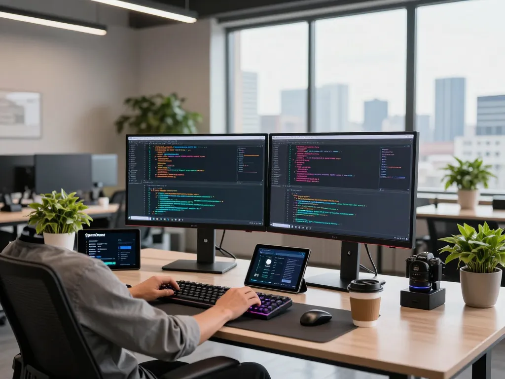OpenClaw software developer in a modern workspace, coding on dual monitors with tech gadgets.