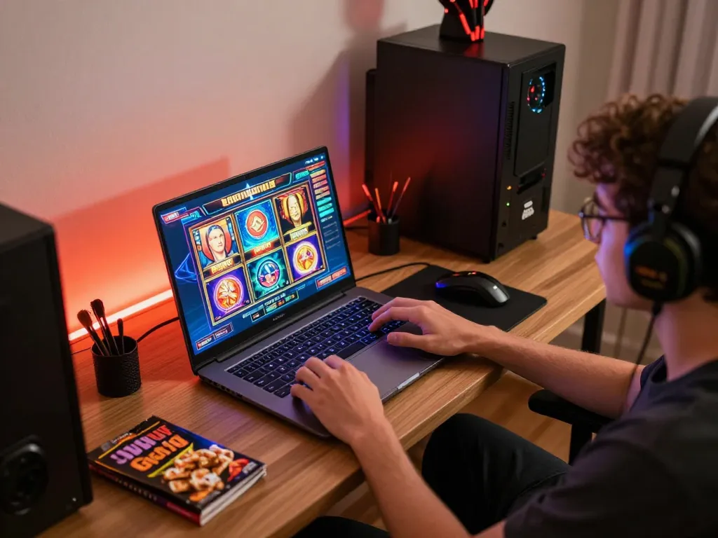 Playing slot games on luck8com in a vibrant home gaming setup with colorful screen animations