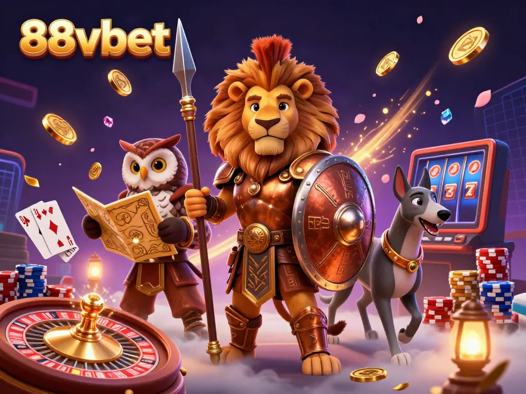 Experience the excitement of 88vbet with a heroic lion in a vibrant casino scene, surrounded by casino elements.