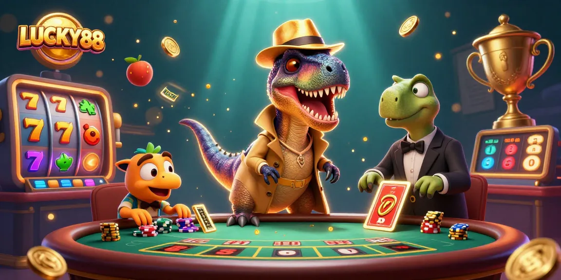 Watch the velociraptor counter and companions strategizing at the LUCKY88 slot table with jackpot excitement.