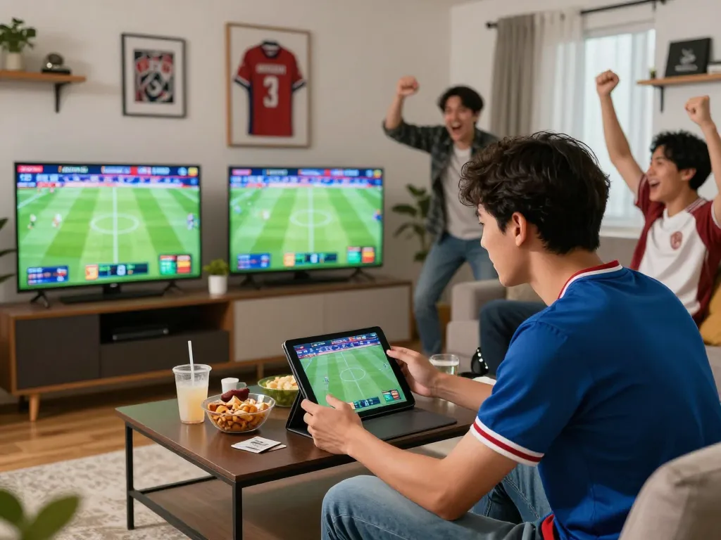 Engaging environment showing a sports betting enthusiast analyzing kèo nhà cái with friends cheering in the background.