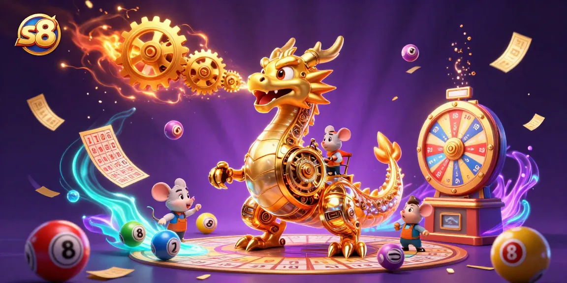 Experience the thrill of s8 with a golden dragon and dynamic lottery elements in a vibrant casino scene.