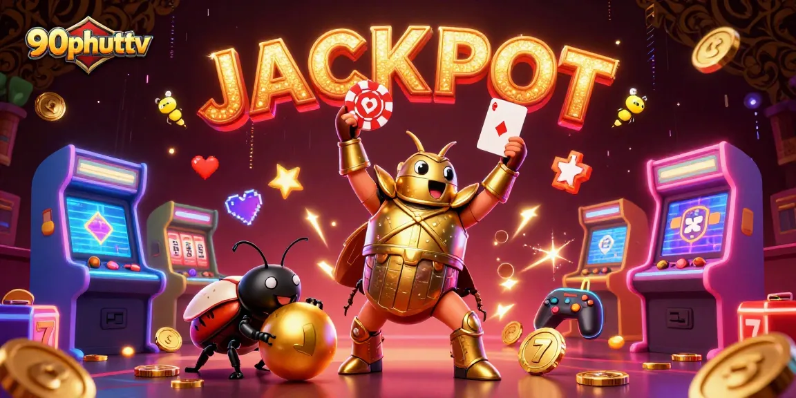 90phuttv showcases a vibrant illustration of a victorious beetle character in gambling-themed scene filled with casino elements.