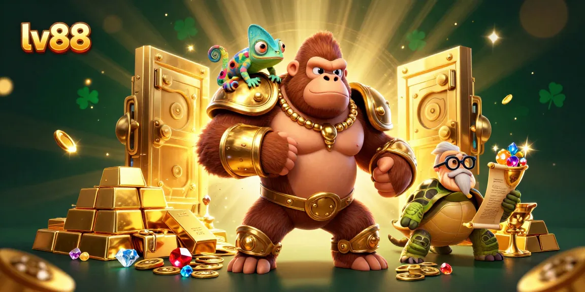 Spin to win big at lv88 with a dynamic, vibrant illustration featuring a gorilla king and treasures.