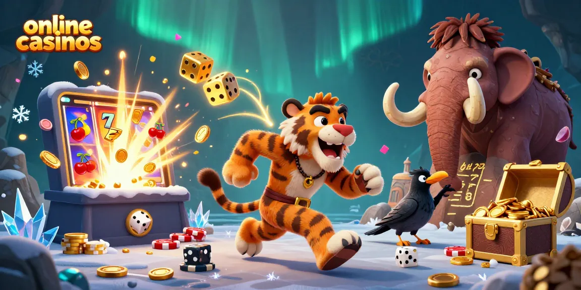Engage with online casinos featuring a prehistoric casino scene with cartoon characters, slot machines, and gold.