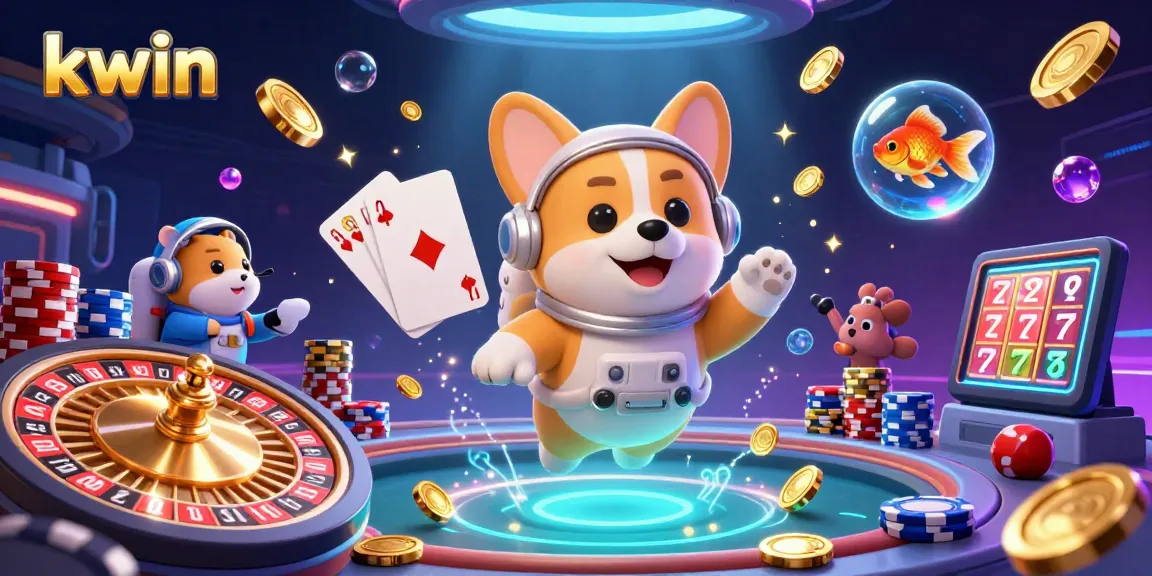 Experience the excitement with kwin in a floating space station casino scene bursting with coins and games.