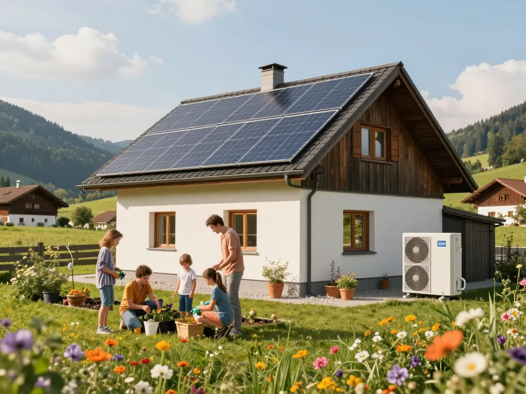 Photovoltaik Bayern Installation in einem malerischen bayerischen Zuhause, Familie, die an nachhaltigen Lebensaktivitäten teilnimmt.
