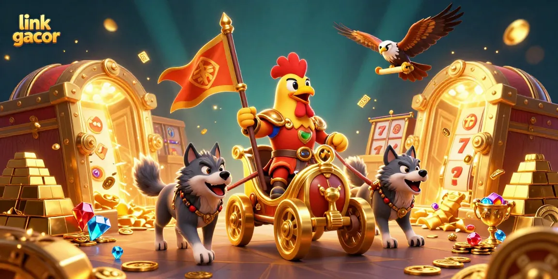 Engage in the excitement of link gacor as a cartoon rooster warlord leads a treasure-filled adventure in a casino-themed illustration.