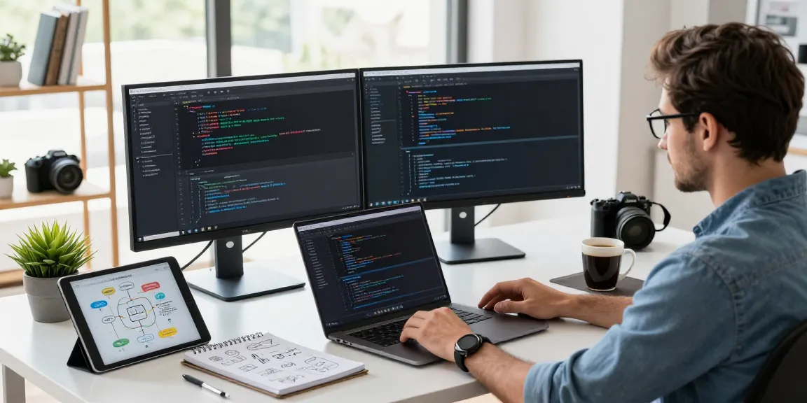 Build internal tools with AI in a modern workspace, featuring a developer coding with dual monitors and sketches.