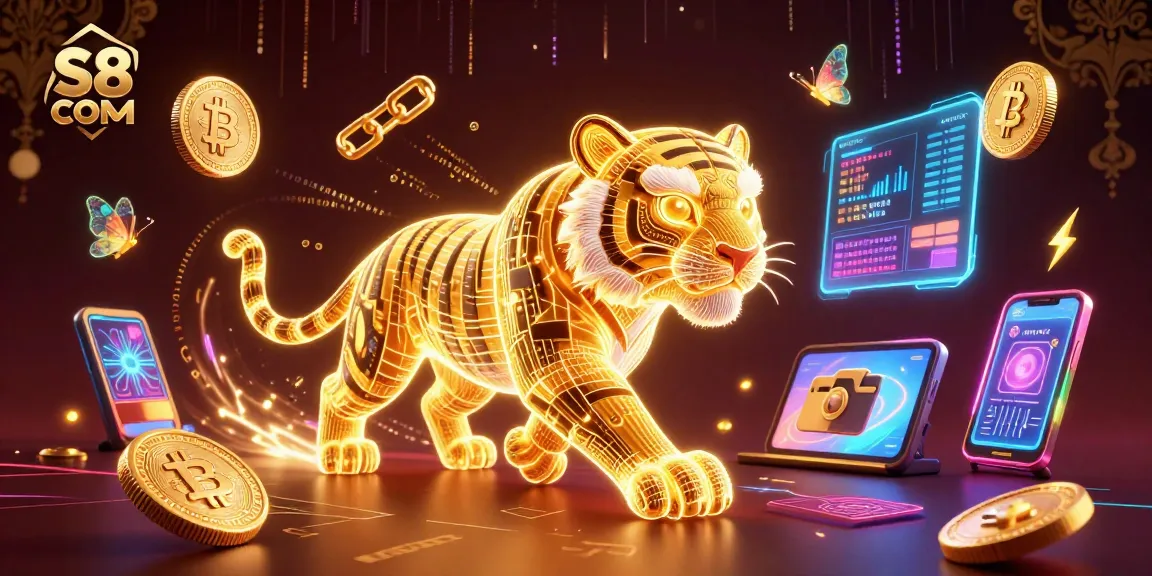 Play exciting casino games at S8 COM while encountering a vibrant, neon-lit tiger in action.