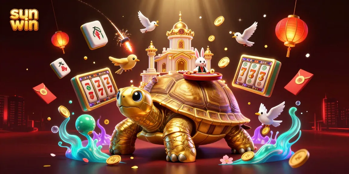 Experience the thrill with sun win in a vibrant 3D casino scene featuring a golden tortoise and a rabbit dealer.