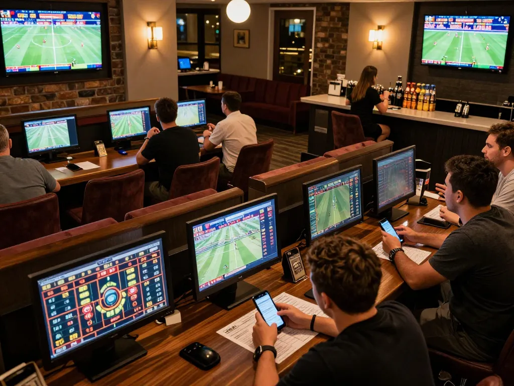 A group at the b52club sports betting lounge placing bets on live games while discussing strategies.