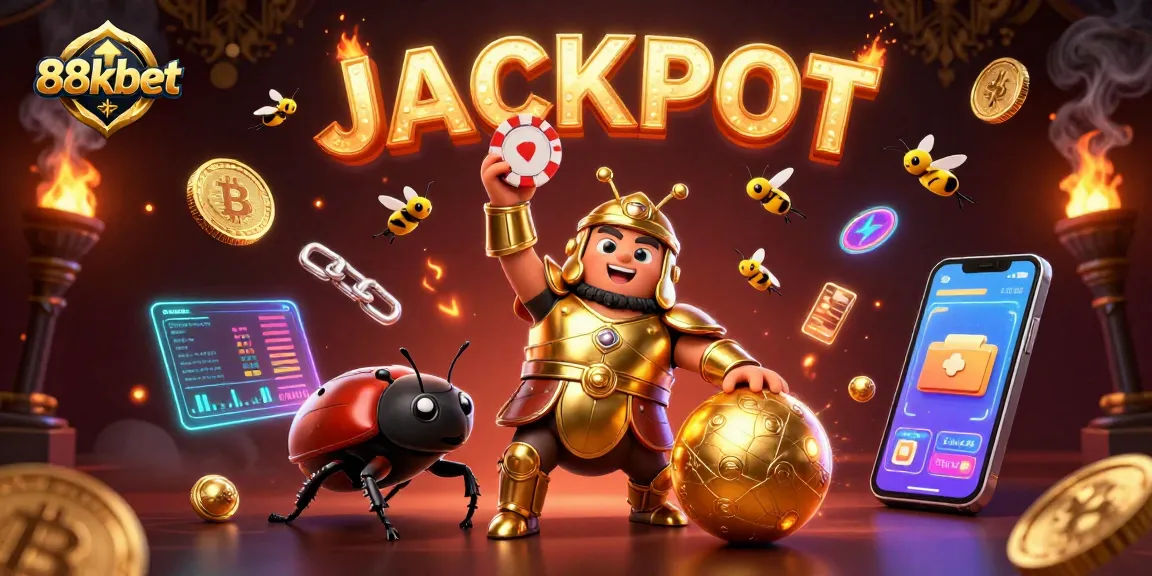 Immerse in the excitement of 88kbet with a 3D beetle champion lifting a poker chip in a festive jackpot scene.
