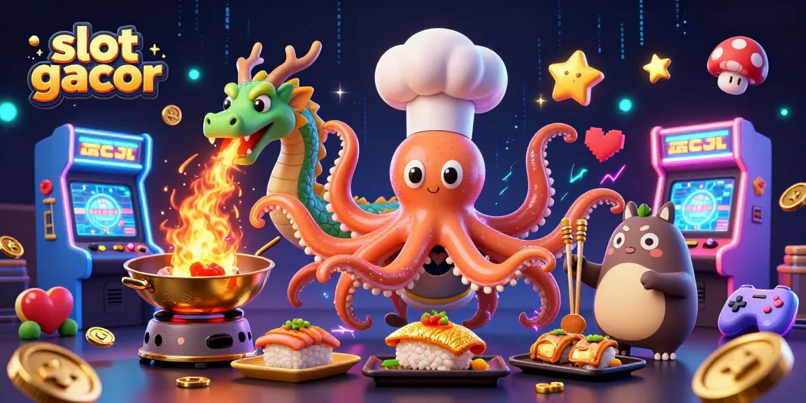 Engage with slot gacor as the whimsical cartoon sushi chef octopus delights in a lively casino setting.