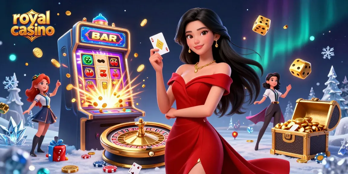 Experience royal x casino with a beautiful woman holding a golden playing card beside a roulette wheel.