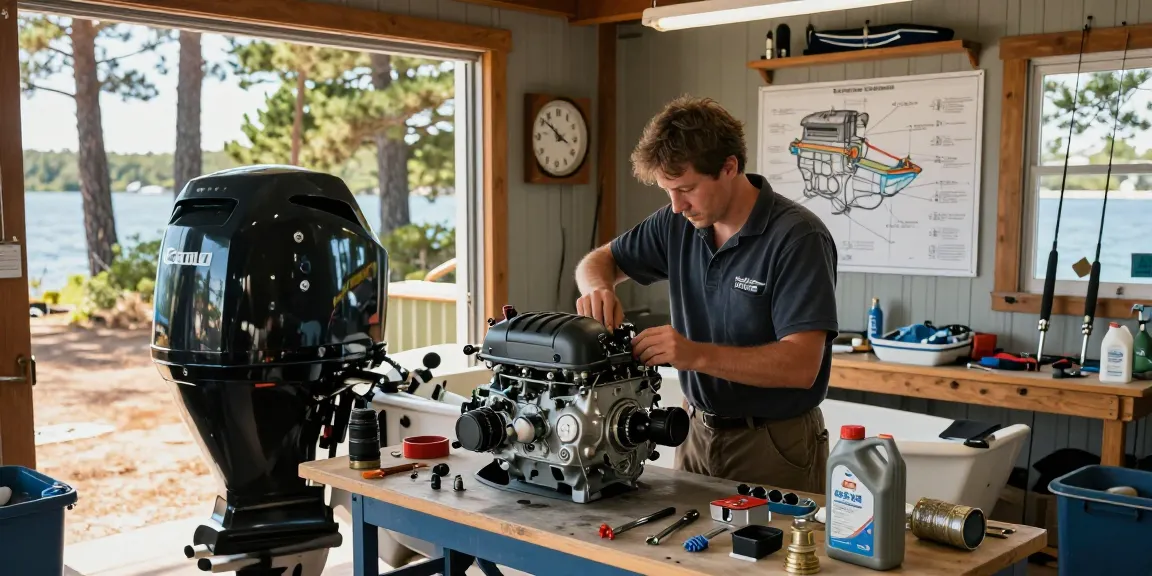 Expert performing outboard motor service with tools and parts in a marine workshop.