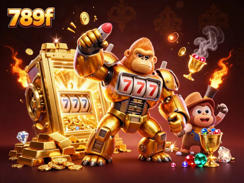 Experience the excitement of 789f with a golden gorilla mech amidst a treasure vault explosion.