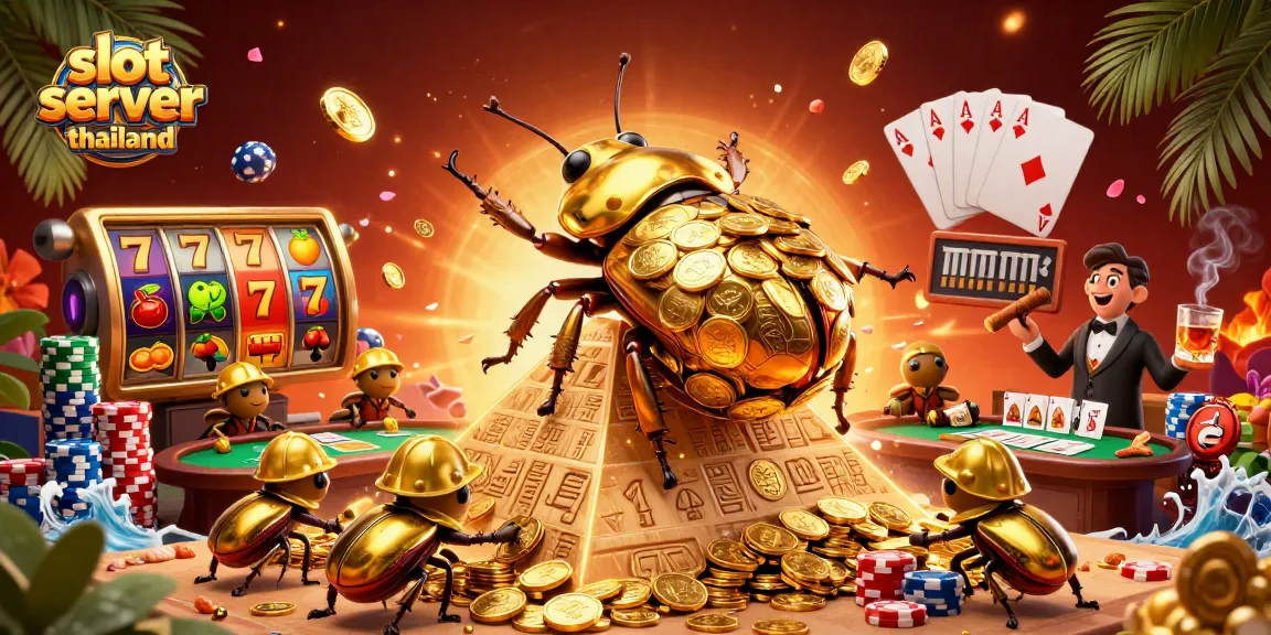 Engage with the slot server thailand as golden beetles roll coins before vibrant slot reels.