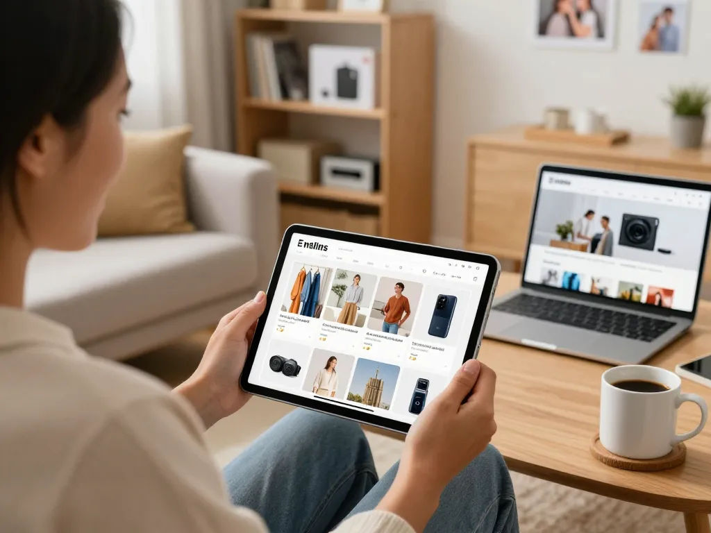 Sofort Lieferbar Einkaufserlebnis mit einer Person, die freudig online Produkte in einem gemütlichen Wohnzimmer durchstöbert.