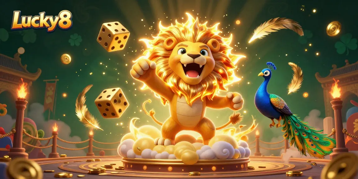 Experience a thrilling moment with Lucky8 as the roaring lion and golden dice exemplify casino excitement.