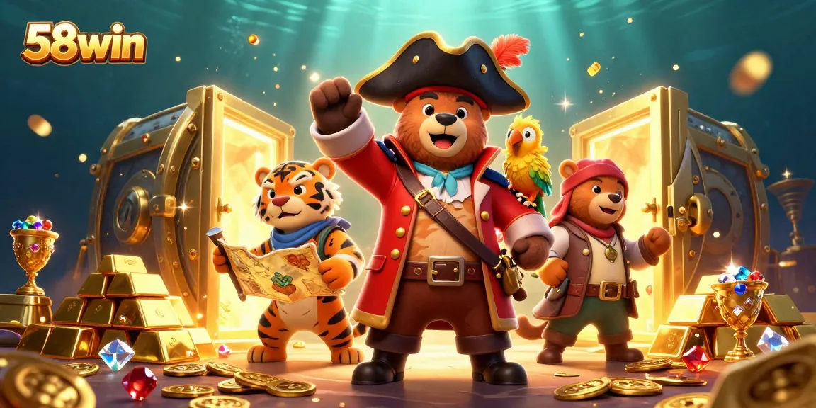 Win big at 58win with vibrant casino-themed illustration featuring treasures and characters.