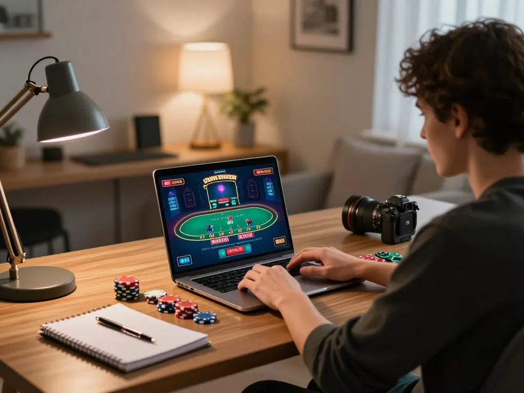 Engaging in strategic gameplay at HELLO88's online casino with laptop and poker chips.