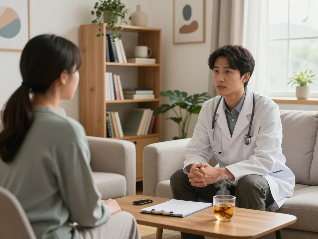 A tranquil therapy session illustrating a psychiatrist discussing 抑鬱症 in a calming setting.