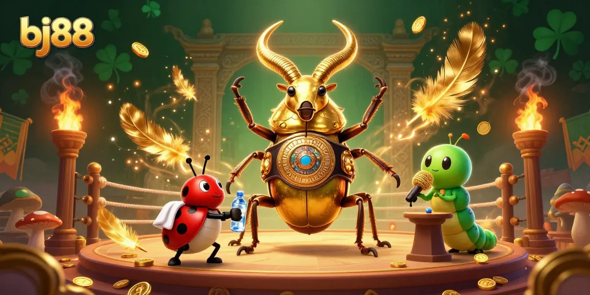 Experience thrilling action at bj88 with a golden stag beetle boxing match showcasing vibrant casino-themed elements.
