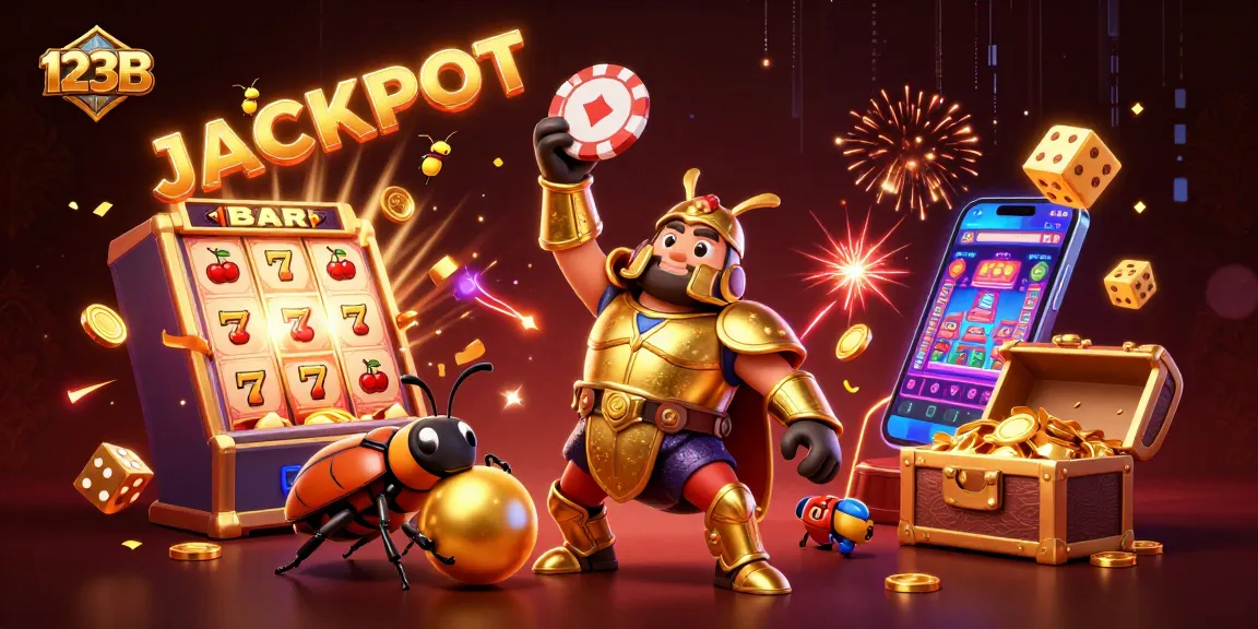 Engage with 123B in this dynamic 3D scene highlighting a victorious beetle and casino game excitement.
