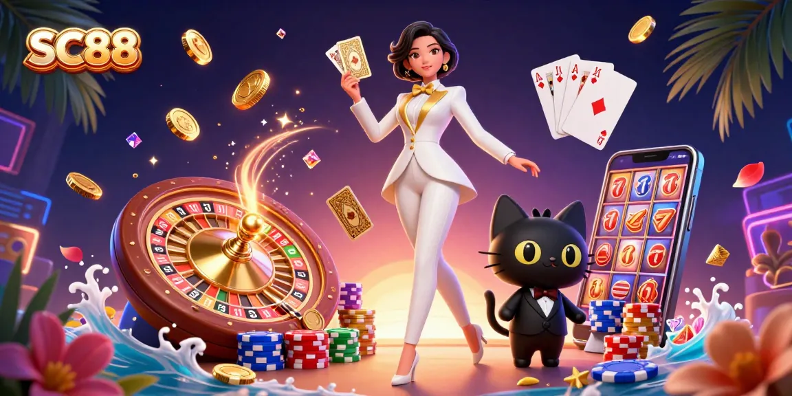 Experience thrilling wins with SC88 as a glamorous dealer shuffles cards alongside a charming cat at a vibrant casino.