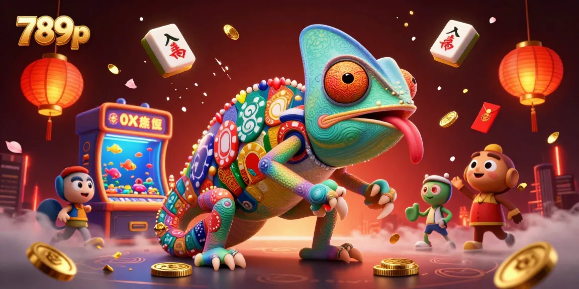Engage in thrilling 789p casino games with vibrant chameleon and festive elements in a dynamic 3D scene.