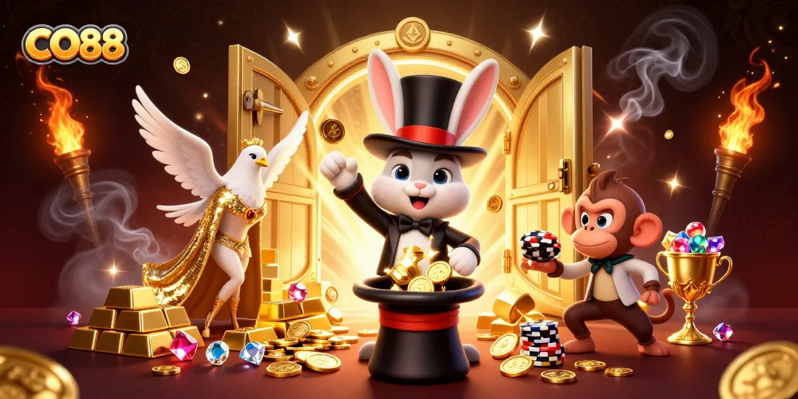 Experience CO88 magic with a playful scene of a magician rabbit, assistant dove, and monkey amid casino treasures.