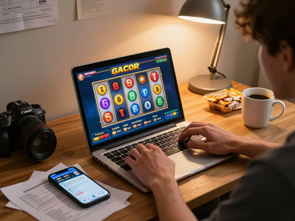 Player immersed in a slot gacor game on a laptop, vibrant gaming interface displayed in cozy home setup, emphasizing strategic gameplay.