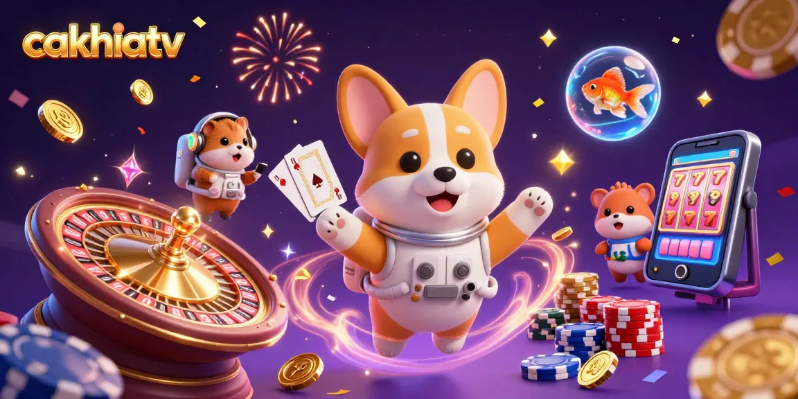 Cakhiatv showcases a lively 3D casino scene with a corgi floating amidst poker elements and golden coins.