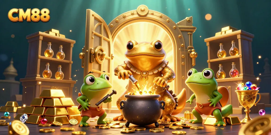 Bet on luck with CM88's vibrant casino scene filled with gold coins and treasures.