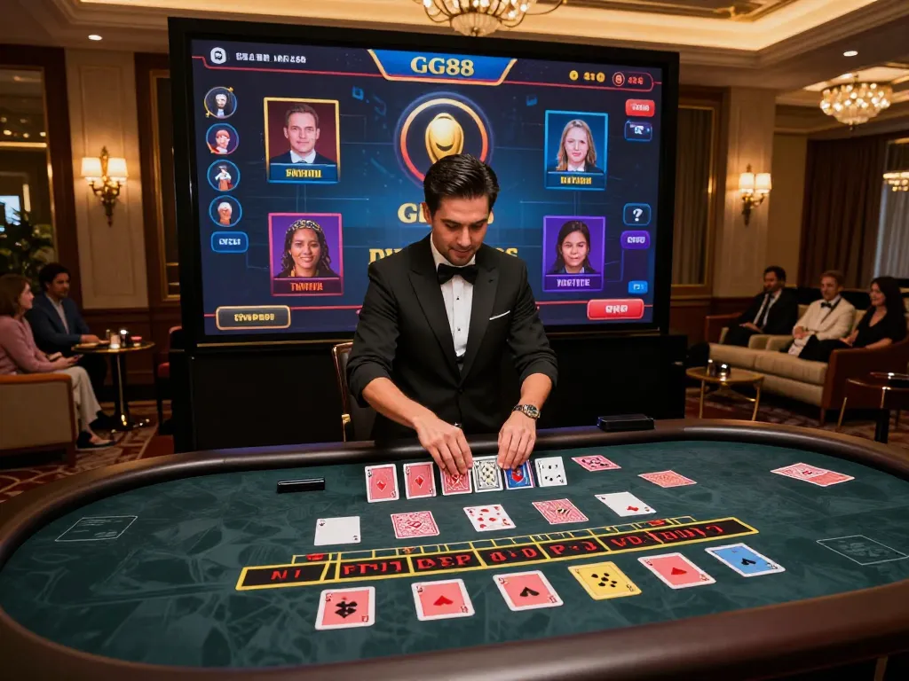 GG88 players enjoying online blackjack with a professional dealer; vibrant virtual gaming experience.