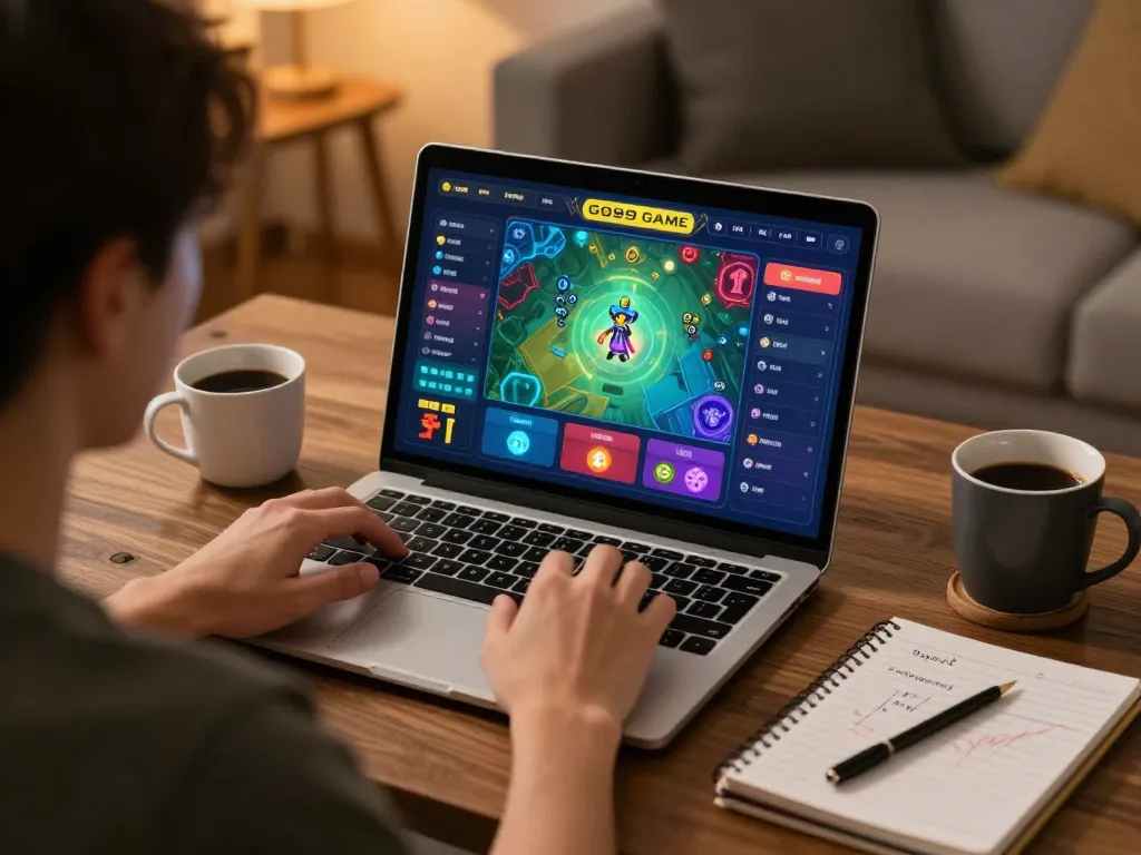 Engaged player focusing on the GO99 GAME during online session at home, showcasing effective gambling strategy.