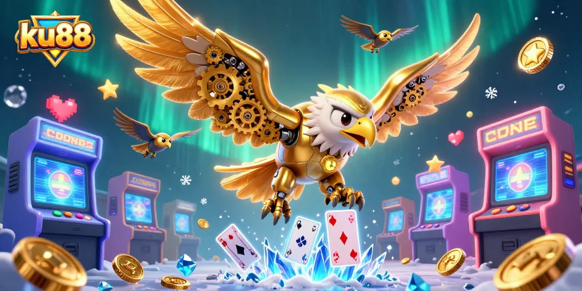 Engage with exciting games at ku88 featuring a vibrant 3D casino scene with a golden eagle and holographic cards.